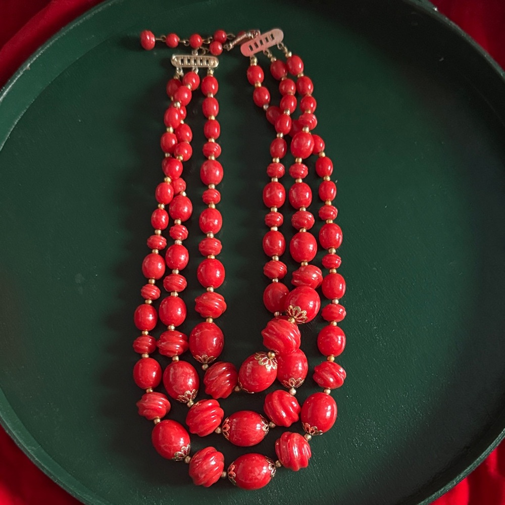 Vintage Coral Red Triple-Strand Necklace